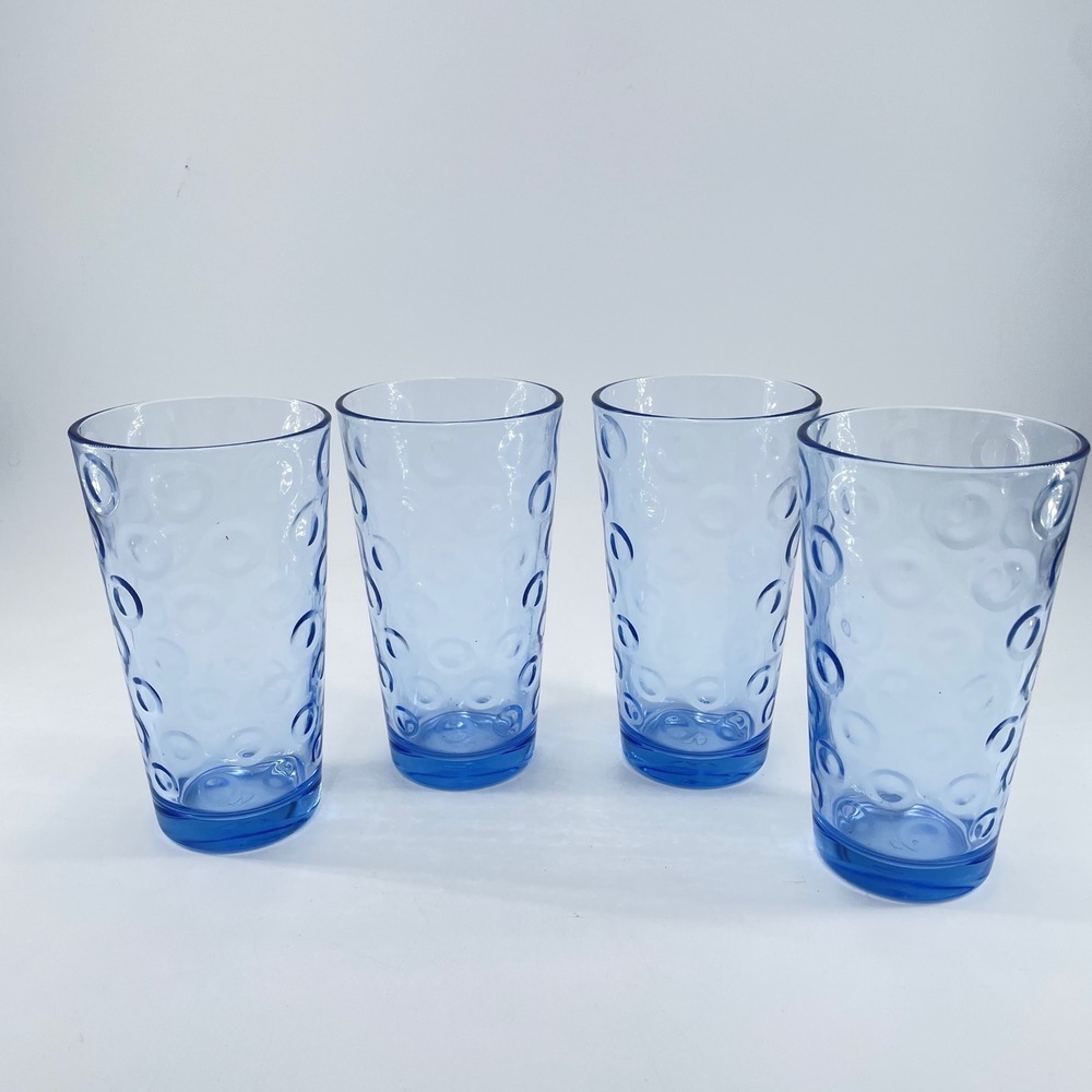 Pasabahce Cirque Light Blue Glass Highball Tumblers Set of 4 Bubbles 6.25"